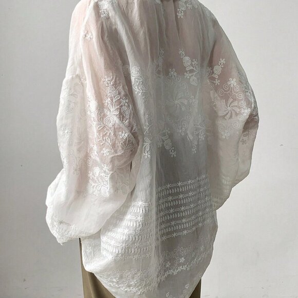 Beige Casual Women's Solid Asymmetric Sheer Lace Long Sleeve Blouse - Picture 6 of 9